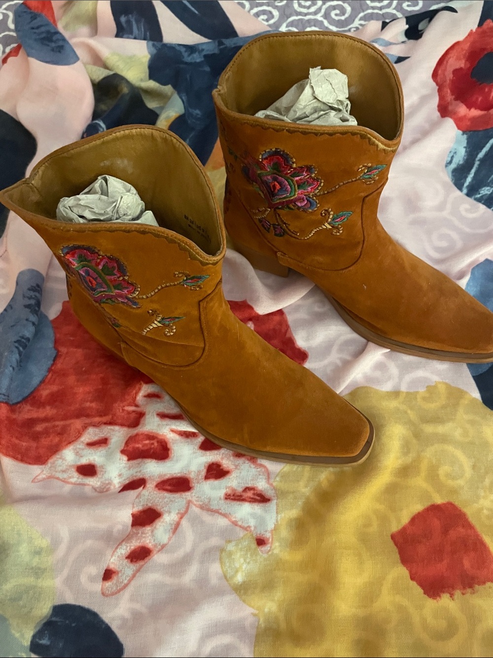 FARM Rio Tan Suede Embroidered Western Ankle Boots